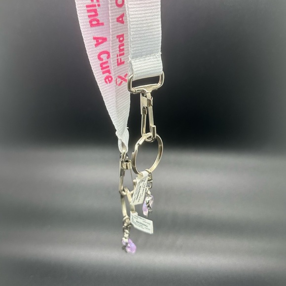 TWO Breast Cancer Awareness Grosgrain Ribbon Lanyard - WHITE FIND A CURE - Picture 3 of 4